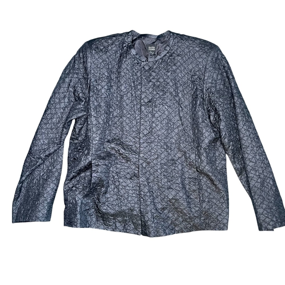 Eileen‎ Fisher Women's Black 100% Silk Quilted Crinkle Collarless Jacket Size L